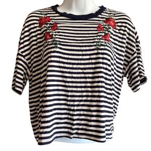 Kendall & Kylie Womens Crop Top XS Blue White Striped Shirt Rose Accents Stretch
